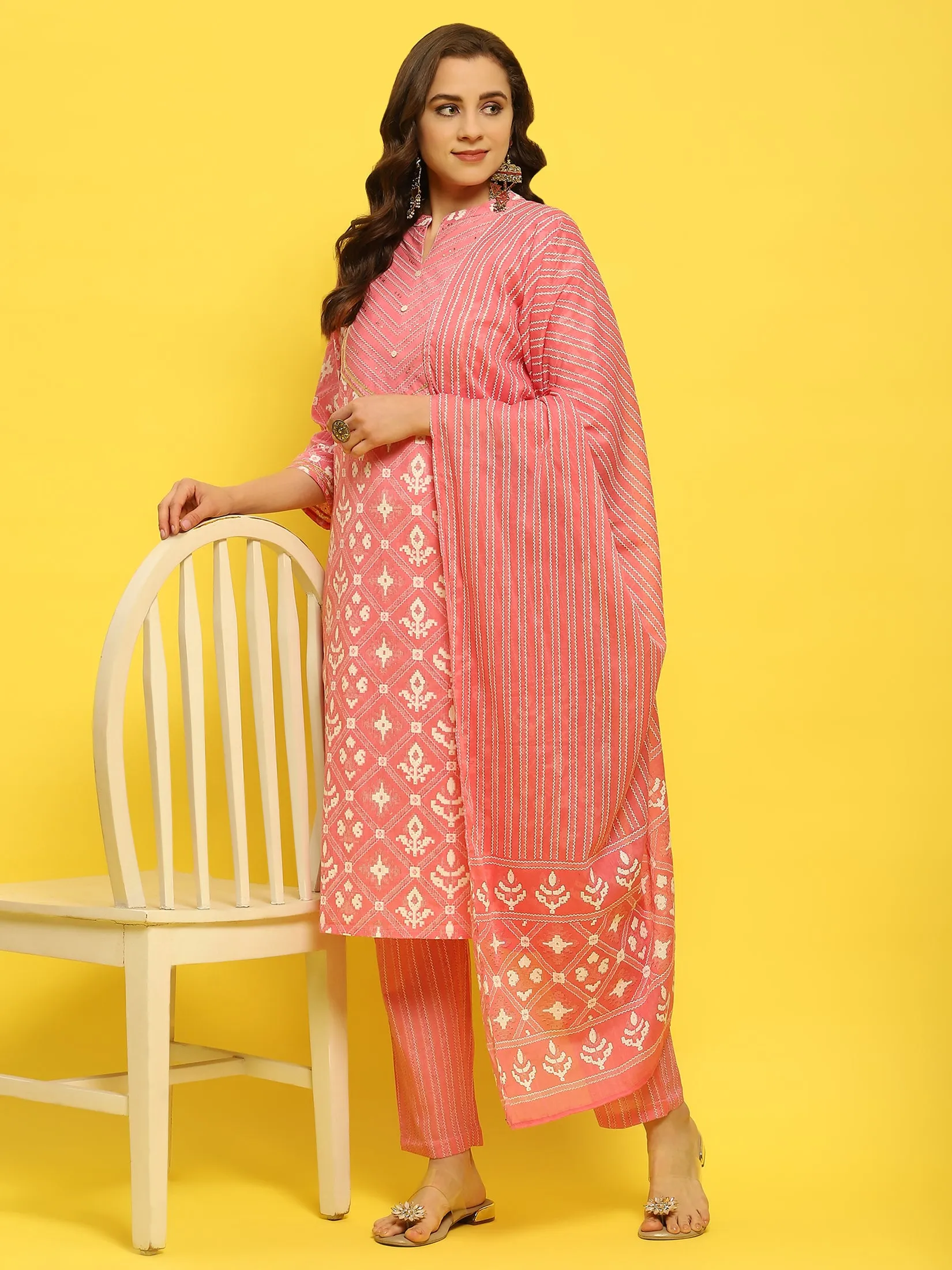 Women Cotton Pink Geometric Print Kurta Trouser Dupatta