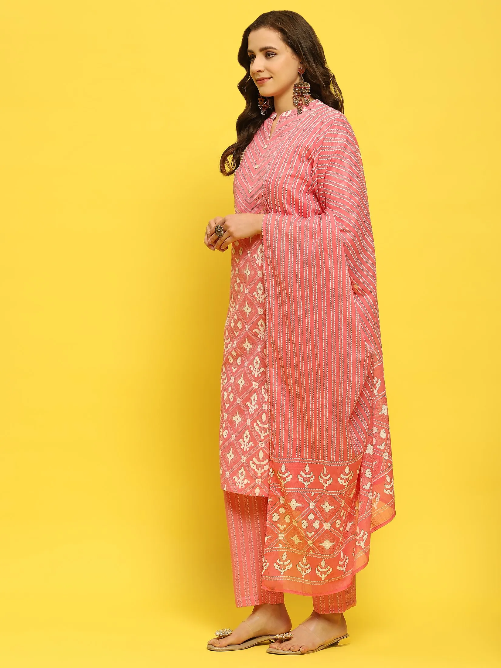 Women Cotton Pink Geometric Print Kurta Trouser Dupatta
